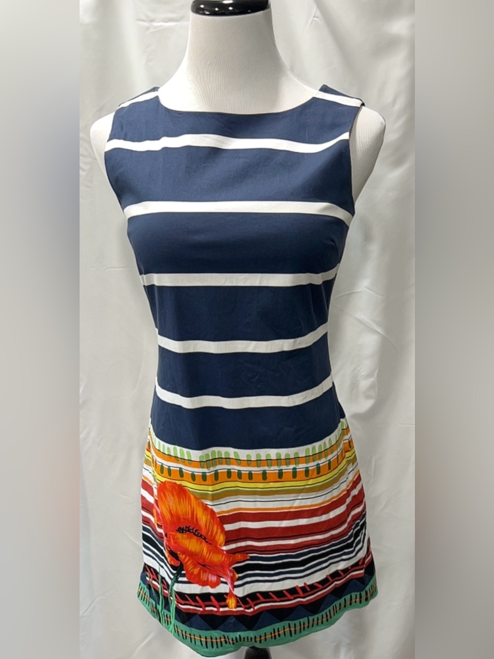 Desigual Womens Dress Size 36 US Small Blue Stripe Floral Print Sleeveless Mini